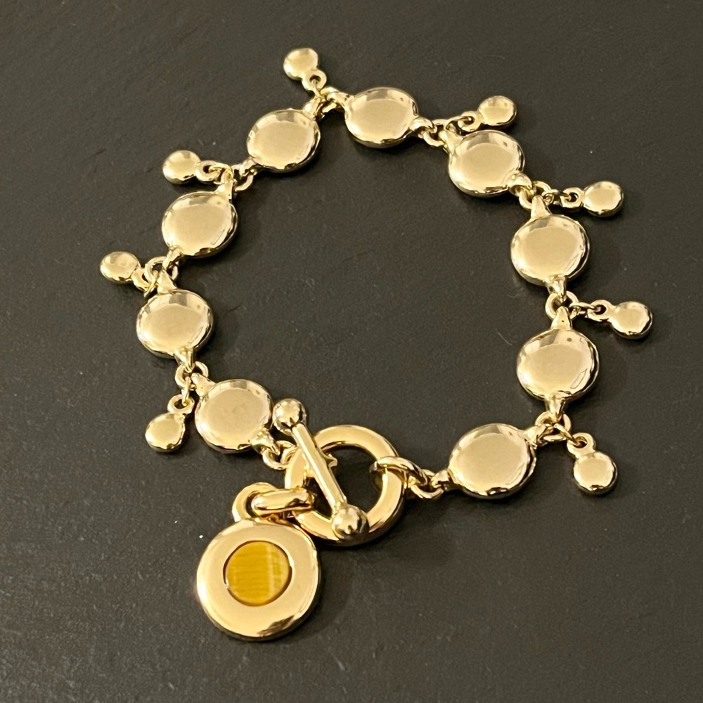 Sparkling Gold Tone Disc Link 8” Bracelet With Tiger Eye Toggle - Picture 11 of 12